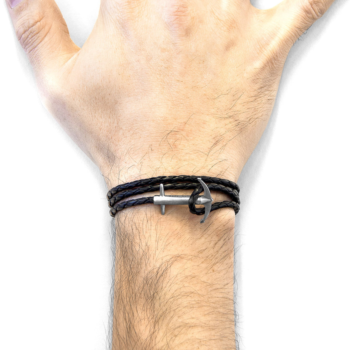 Admiral Anchor Silver and Braided Leather Bracelet - Coal Black