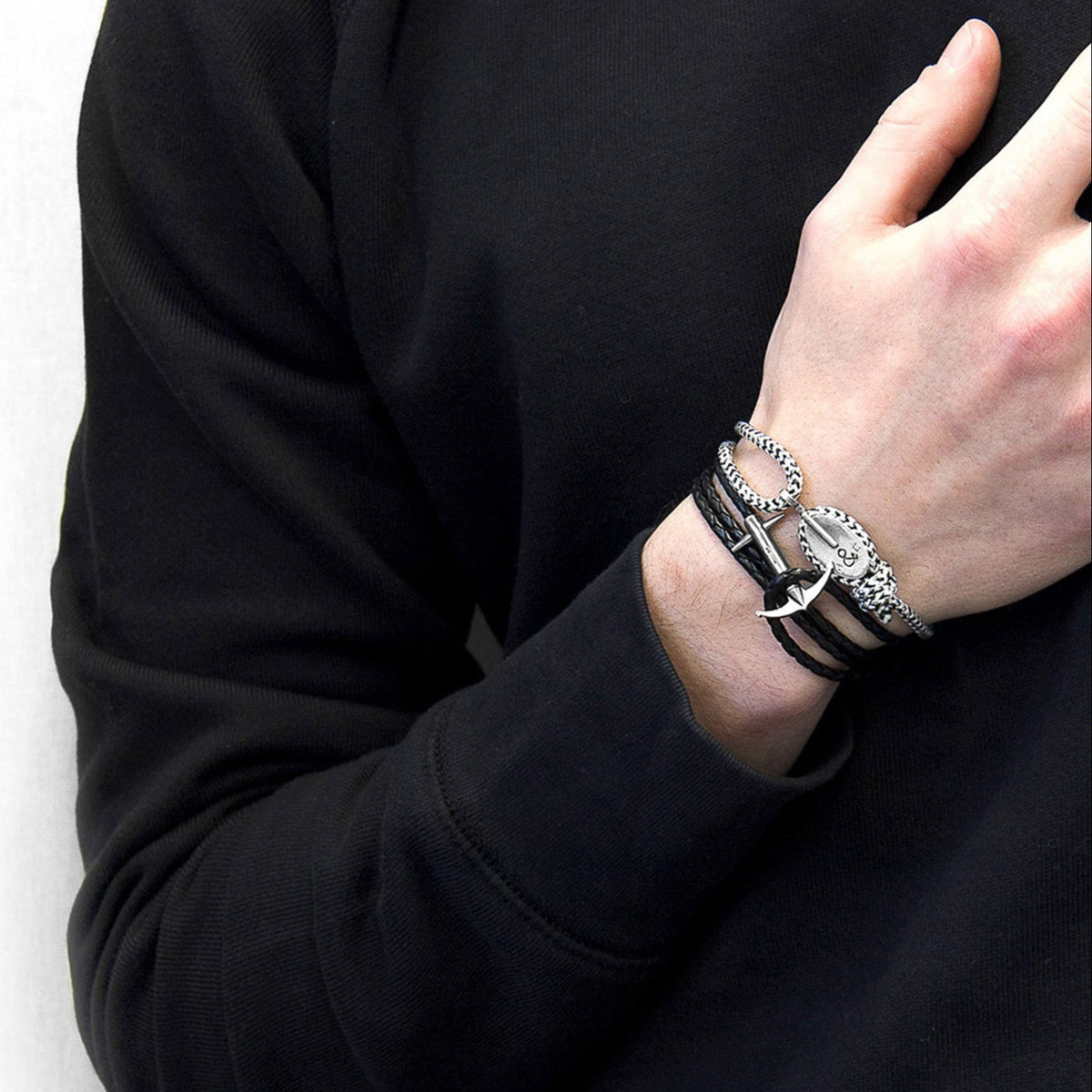 Admiral Anchor Silver and Braided Leather Bracelet - Coal Black