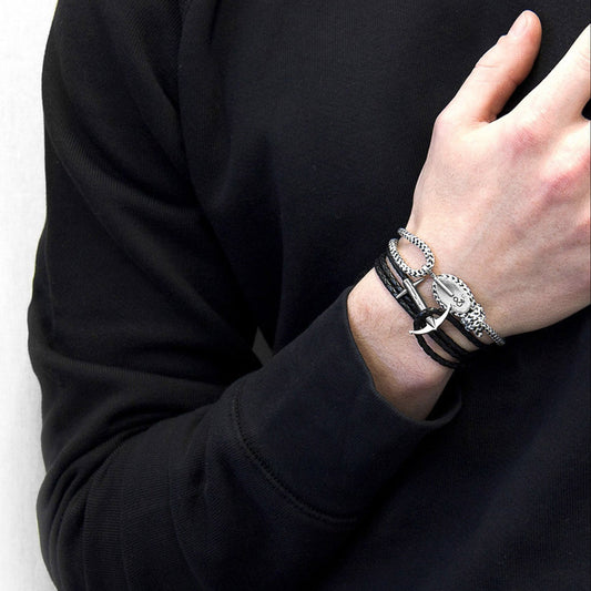 Admiral Anchor Silver and Braided Leather Bracelet - Coal Black