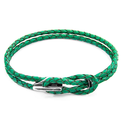 Padstow Silver and Braided Leather Bracelet - Fern Green