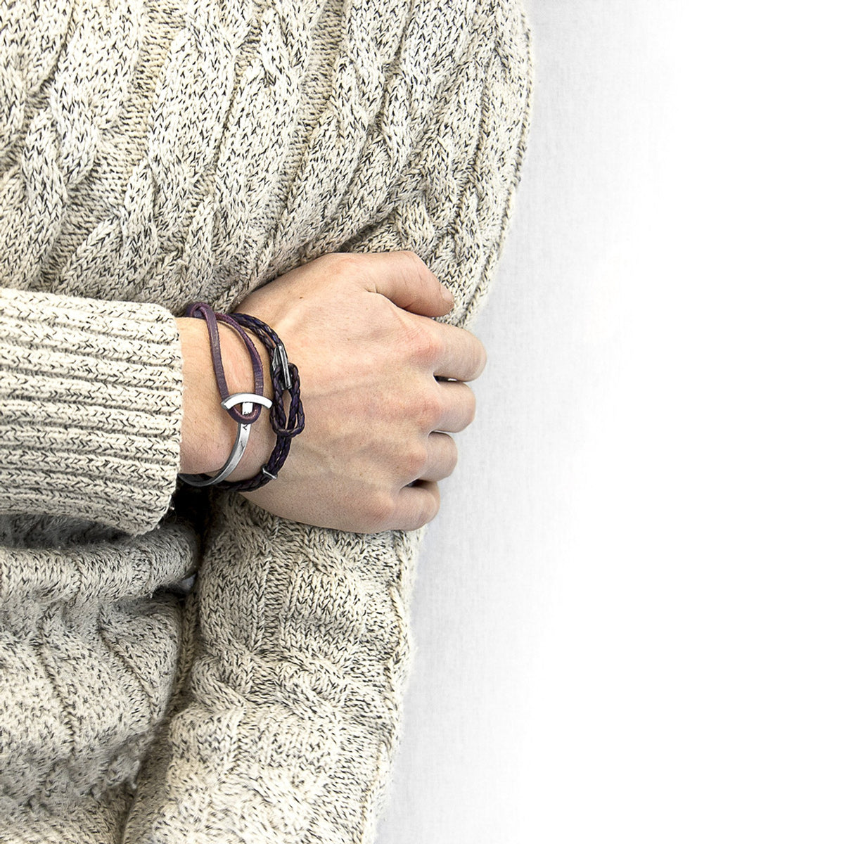 Padstow Silver and Braided Leather Bracelet - Grape Purple